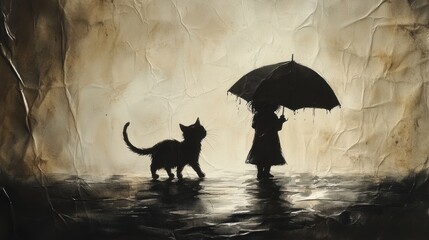 A cat walking beside a child holding an umbrella, both playing in the rain with soft watercolor on a crinkled parchment-like surface 