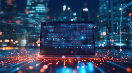 Laptop with digital code and glowing city lights
