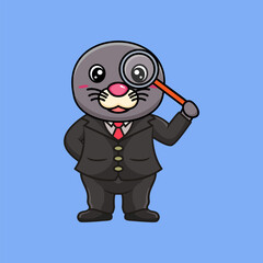 Cute Sea Lion Detective Kawaii Cartoon Vector Icon Illustration