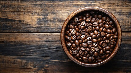Fototapeta premium Roasted coffee beans in a wooden bowl on a rustic wooden table.