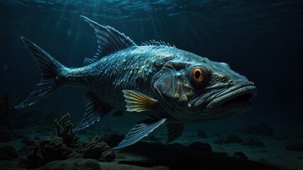 Fototapeta premium A large, blue and grey fish swims through the dark ocean water with sunbeams shining down.