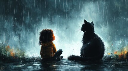 Obraz premium A child and a cat sitting together in the rain, the child reaching out to catch raindrops while the cat looks on curiously, with a minimal watercolor design 