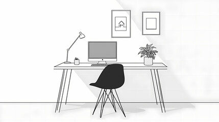 A minimalist home office with a sleek desk, ergonomic chair, and minimal decor, providing a focused and clutter-free workspace. Minimalist Design. Illustration
