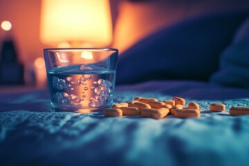 Pills and a Glass of Water on a Bedside Table