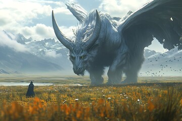 A lone figure confronts a majestic white dragon in a sprawling mountainous landscape, a sense of awe and anticipation hangs in the air.