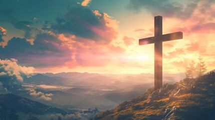 Christian Cross Symbolizing Easter and Resurrection: Dramatic Lighting Against a Colorful Mountain Sunset with Dark Clouds and Sunbeams