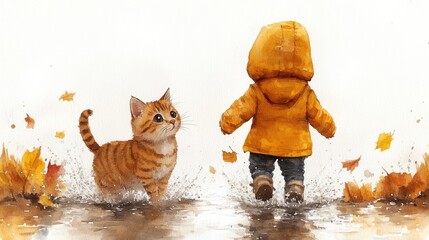A child and cat joyfully splashing in the rain together in a minimal cartoon style, painted in watercolor on a white background 