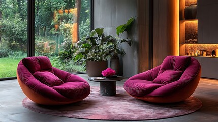 Two plush velvet chairs in a modern living room with a large window overlooking a lush garden.