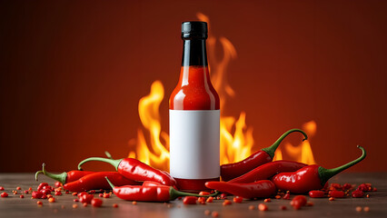 A bottle of spicy hot sauce with a blank mockup label surrounded by red chili peppers and flames