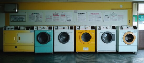 Six washing machines in a row, with varying colours and designs, in a public laundry room with signs on the walls.