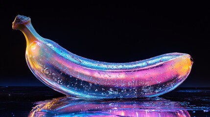 Glass banana with neon tints on a dark background