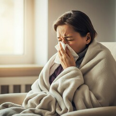 woman, cold, sick, flu, sneeze, nose, allergy, tissue, handkerchief, blowing, sneezing, ill, illness, influenza, person, people, virus, cough, fever, winter, health