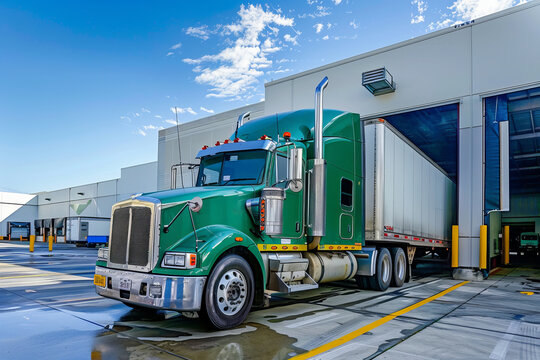 Green big rig semi truck with trailer standing in the warehouse dock gate