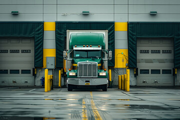 Naklejka premium Green big rig semi truck with trailer standing in the warehouse dock gate