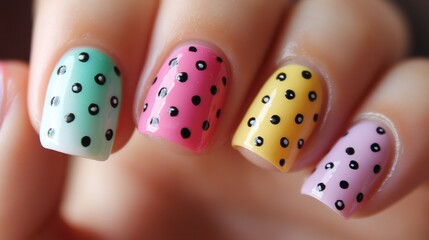 A playful nail art design with tiny polka dots in various colors on a white background, creating a fun and cheerful look.