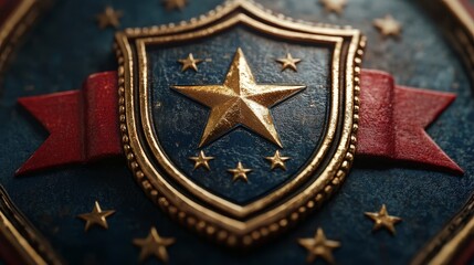 Golden Star Shield with Red Ribbon on Blue Background