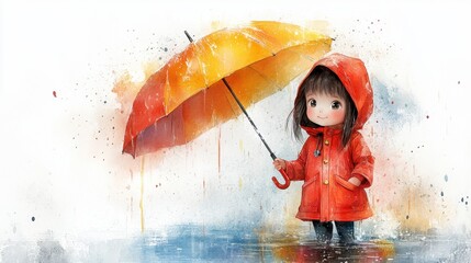 A child in a red raincoat holding an umbrella, standing under soft rain with a white background and a playful expression in a watercolor style 