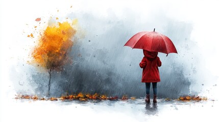 A child in a red raincoat holding an umbrella, standing under soft rain with a white background and a playful expression in a watercolor style 