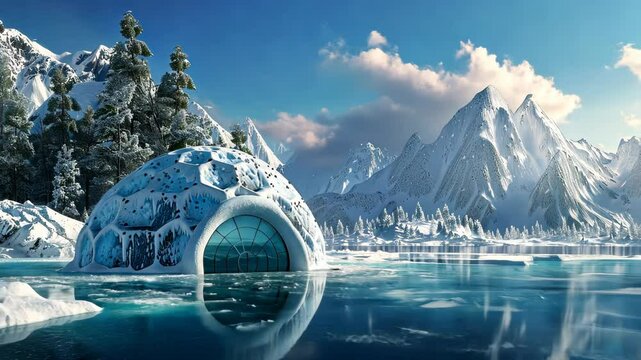A snow-covered igloo sits nestled amongst the pines, with a stunning mountain range in the distance