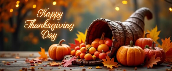 A rustic table setting with a cornucopia overflowing with pumpkins, gourds, and fall leaves, Happy Thanksgiving Day