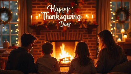 Obraz premium A cozy indoor scene with a family gathered around a crackling fireplace, Happy Thanksgiving Day