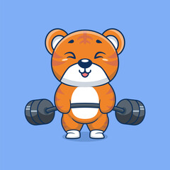 Tiger animal lift barbell icon illustration cartoon