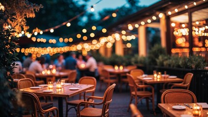 Outdoor restaurant tables set with warm string lights in the evening glow.