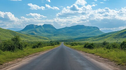 Fototapeta premium A scenic asphalt road leading towards green mountains, under a bright sky with soft, scattered clouds on a sunny day.