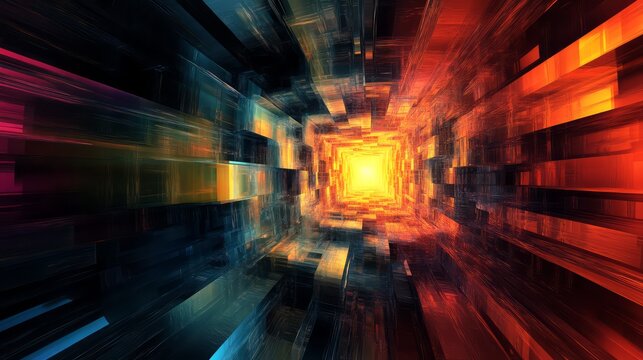 Technology background with depth of field. Three dimentional perspective of blocks zooming into bright orange turnel