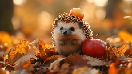 Fototapeta premium The image shows a small, adorable hedgehog in an autumnal setting. The hedgehog is standing on a pile of fallen leaves, with an apple balanced on its back.