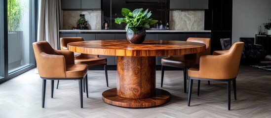 Modern dining room interior with a wooden table, four brown leather chairs, and a potted plant.