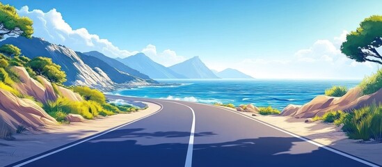 A scenic coastal road winds through a mountainous landscape, with the azure ocean sparkling in the distance.