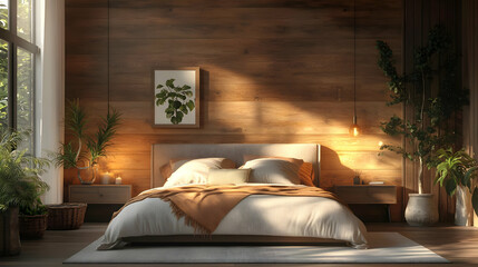 Cozy Bedroom Interior Design with Wooden Walls and Natural Light - 3D Illustration