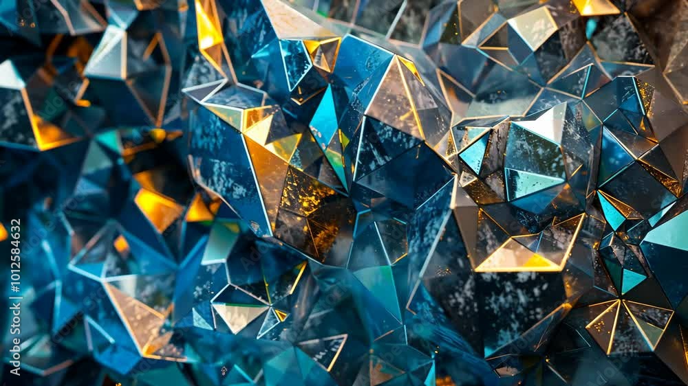 Poster a close-up shot of shimmering blue and gold geometric shapes, creating a dynamic and abstract patter