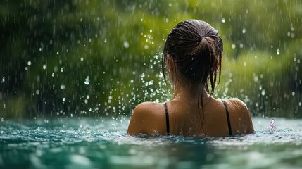 Woman enjoying rain while swimming