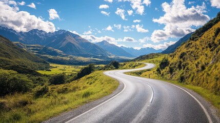 Fototapeta premium A scenic asphalt road weaving through green mountains, with a bright sky and scattered clouds on a sunny afternoon.
