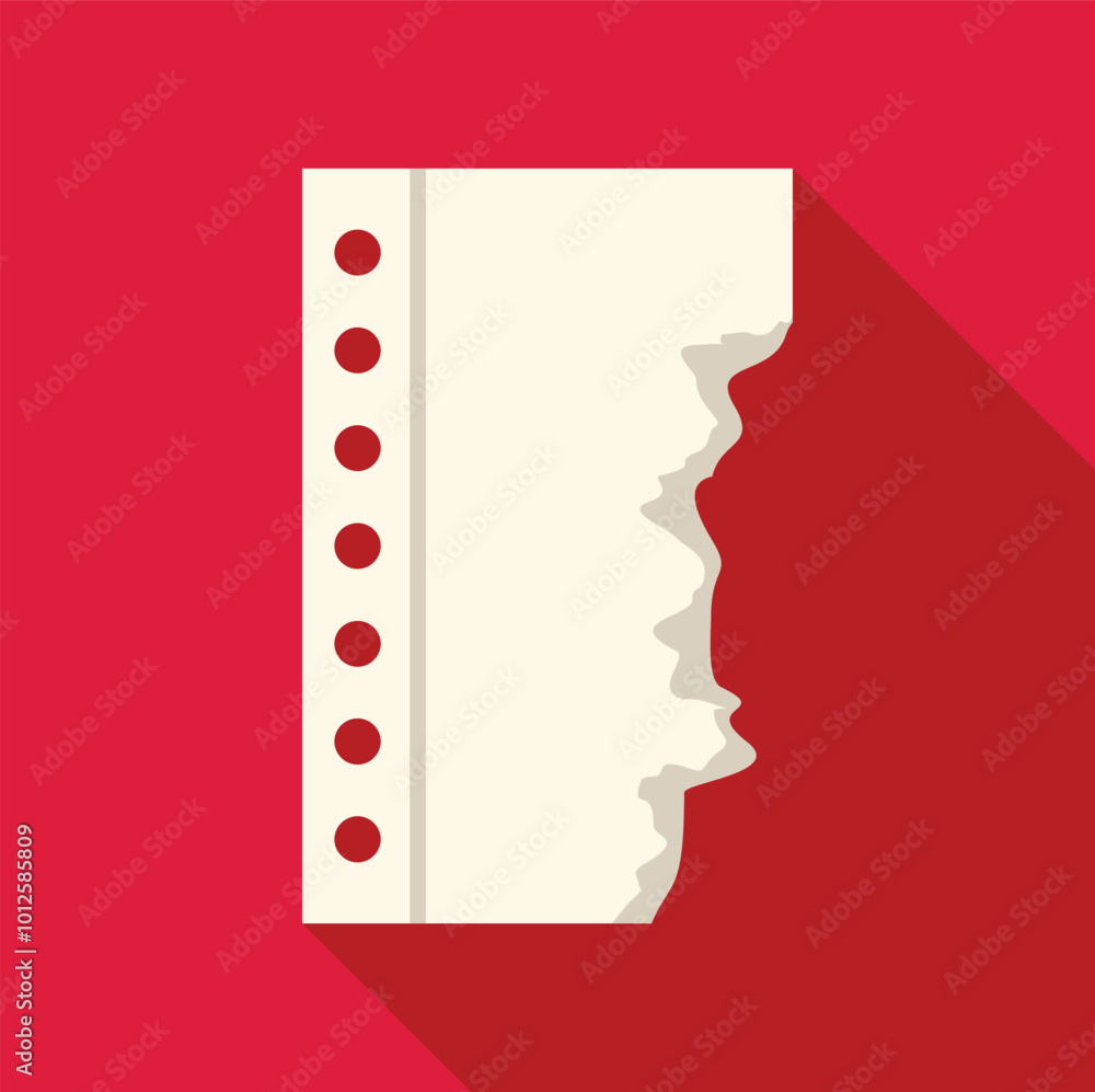 Aufkleber white sheet of paper with burned edge and holes for filing is lying on bright red background