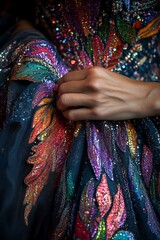 Close-up of a hand adjusting a sequined and embroidered fabric.