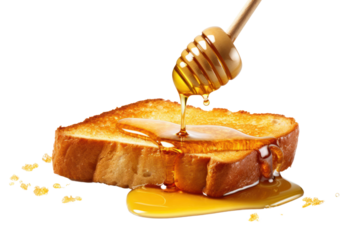 A high-angle shot of honey toast with golden edges and honey dripping from a spoon above, isolated on a white background