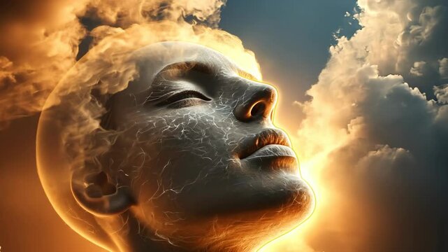 A woman's face emerges from clouds in a digital art piece