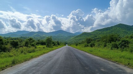 A serene asphalt road surrounded by lush green mountains, under a clear sky with soft, white clouds on a sunny day.
