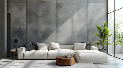Modern Living Room Interior Design with White Sofa and Concrete Wall 3D Illustration