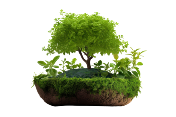 A globe of the Earth with greenery sprouting from it, representing nature's connection to the planet, isolated on white background
