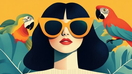 Fototapeta premium A vibrant abstract collage featuring a stylish woman in big sunglasses surrounded by colorful parrots in retro s flair.