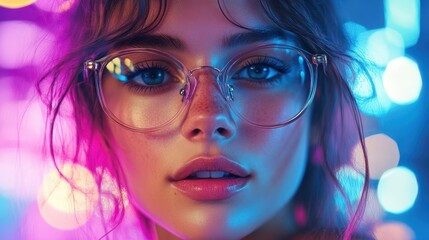 Obraz premium A young woman wearing glasses poses against vibrant city lights at night