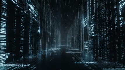 Technology background with depth of field. Three dimentional of small dots, digital information perspective, system datum, and code and encryption for communication