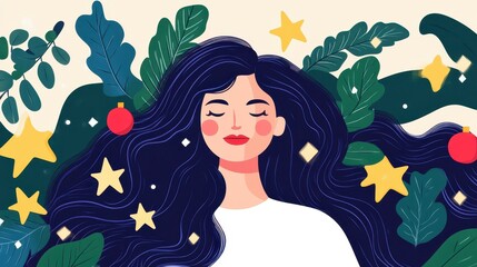 A serene woman with flowing hair is embraced by lush leaves and twinkling stars, creating a dreamy atmosphere.