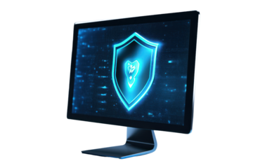 A computer monitor displaying a cybersecurity warning with a shield icon highlighting data protection isolated on white background