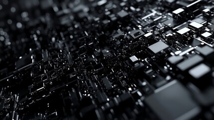 Technology background with depth of field. Three-dimetional circuit board, black and dark backgrounds, digital pattern and system