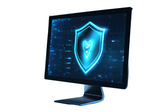 A computer monitor displaying a cybersecurity warning with a shield icon highlighting data protection isolated on white background